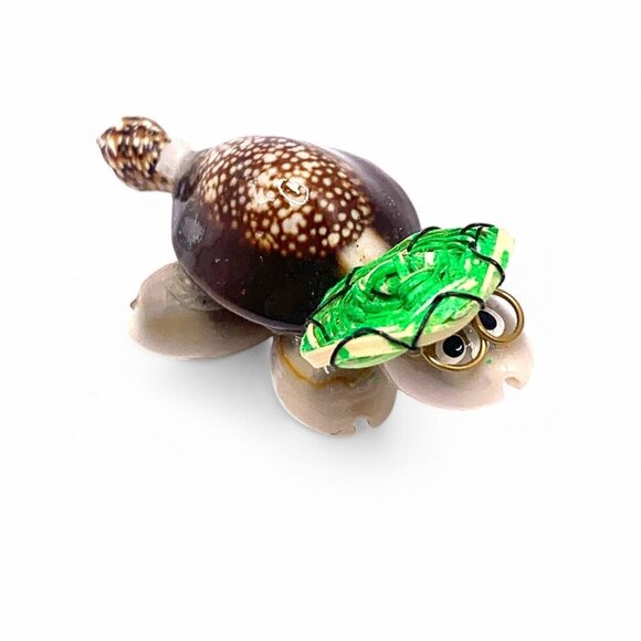 Handcrafted Sea Shell Turtle Figurine With Green Hat - Unique Beach Decor - Picture 1 of 7